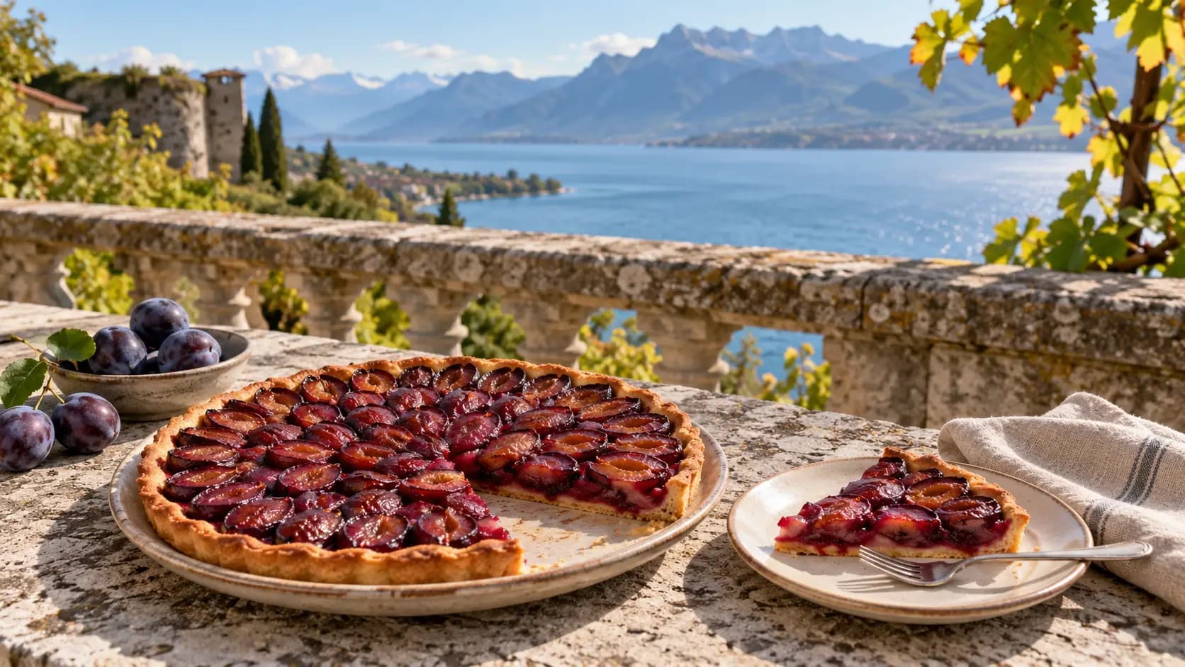 Une tarte aux pruneaux entamée et une part servie sur une terrasse en pierre, au-dessus du Léman et des Alpes, entre des feuilles de vigne d’automne.