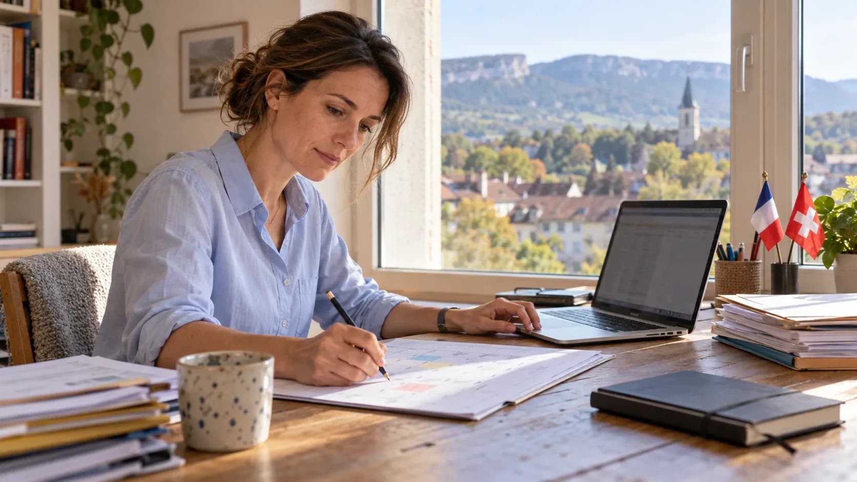 Une femme travaille chez elle à une table en bois, devant un ordinateur portable et un calendrier annoté, avec un petit drapeau français et un petit drapeau suisse posés près de la fenêtre.