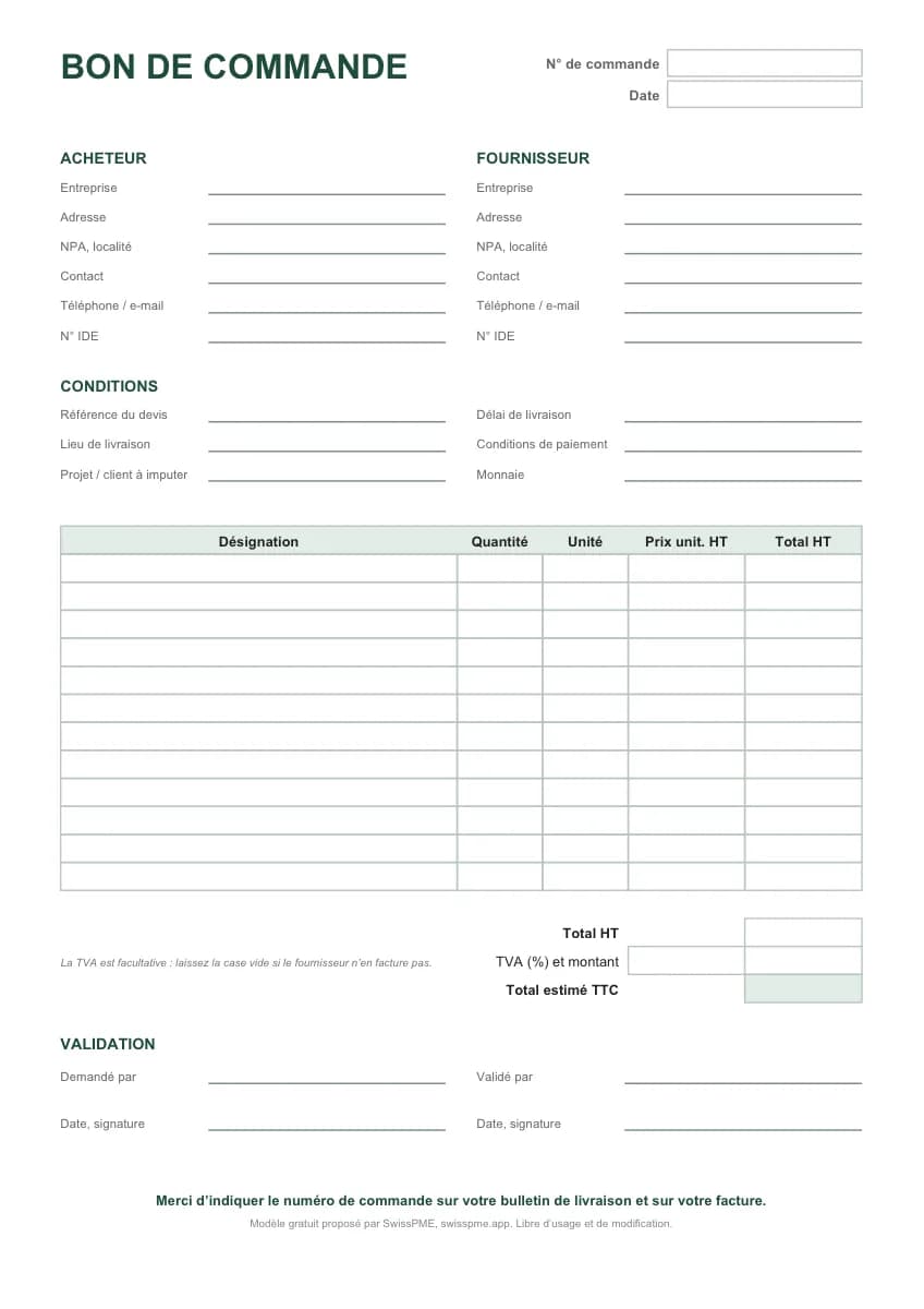 Aperçu du modèle de bon de commande : acheteur, fournisseur, conditions, tableau des lignes, totaux et validation.