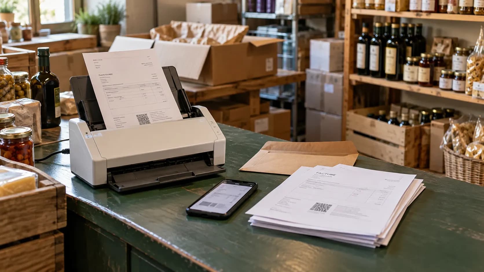 Sur le comptoir d’une épicerie, un scanner de documents avale une facture QR, à côté d’un téléphone et d’une pile de factures.