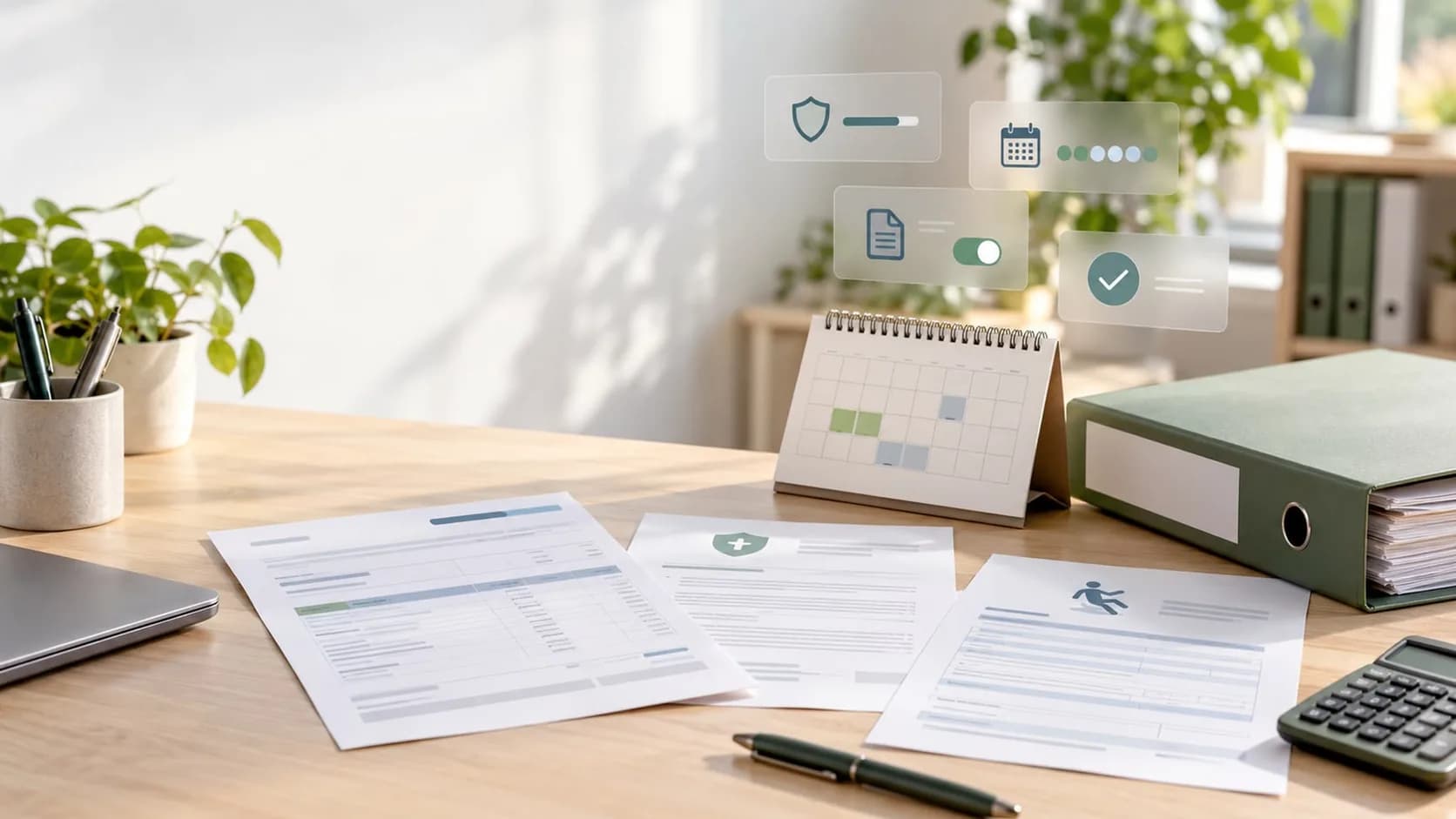 Sur un bureau clair, trois formulaires d’annonce d’accident et d’assurance, un calendrier de bureau et un classeur.