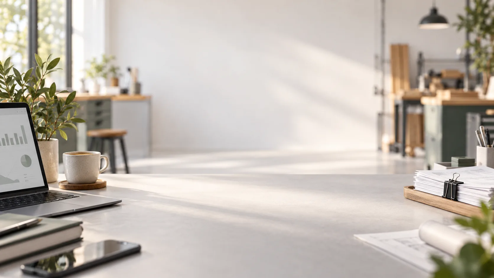 Bureau lumineux d’une PME : ordinateur portable avec graphiques, tasse de café et pile de documents sur une table claire, atelier en arrière-plan